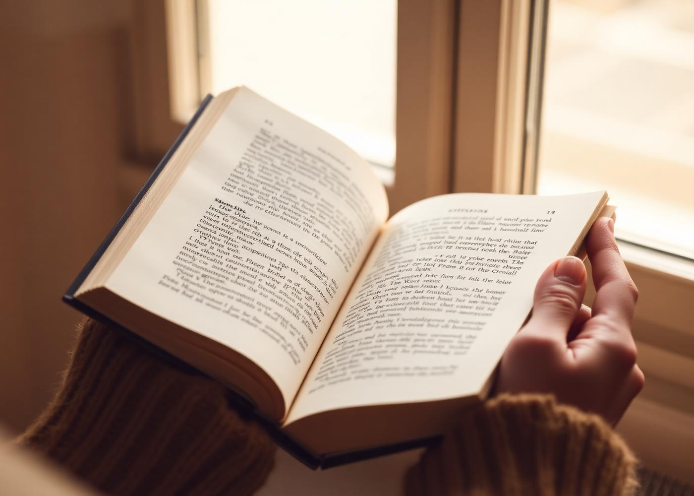 Hands holding an open book by a sunlit window