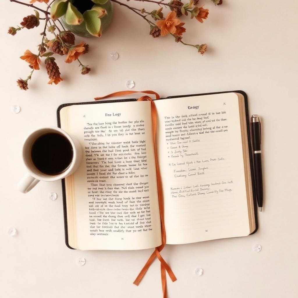 An open notebook with a fresh blog draft, coffee, and a fountain pen