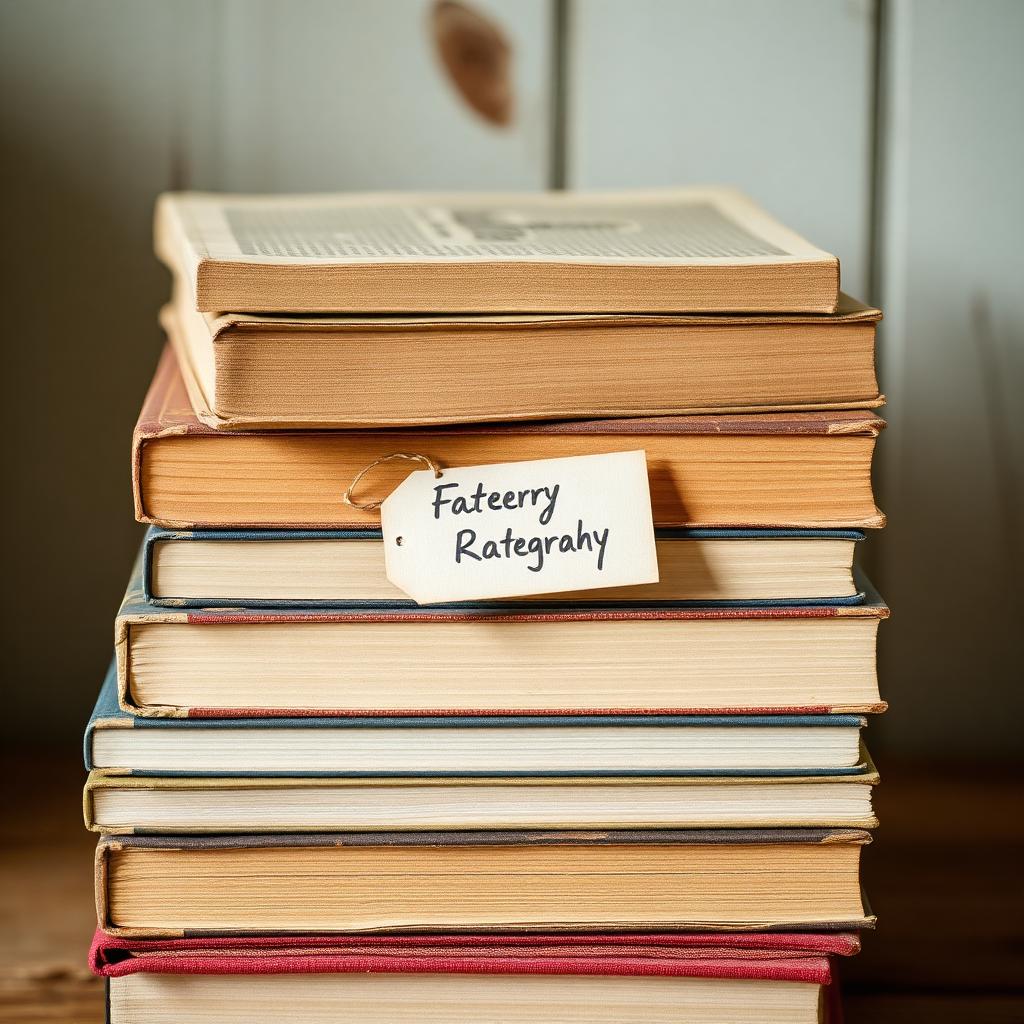 A stack of vintage books with handwritten category tags