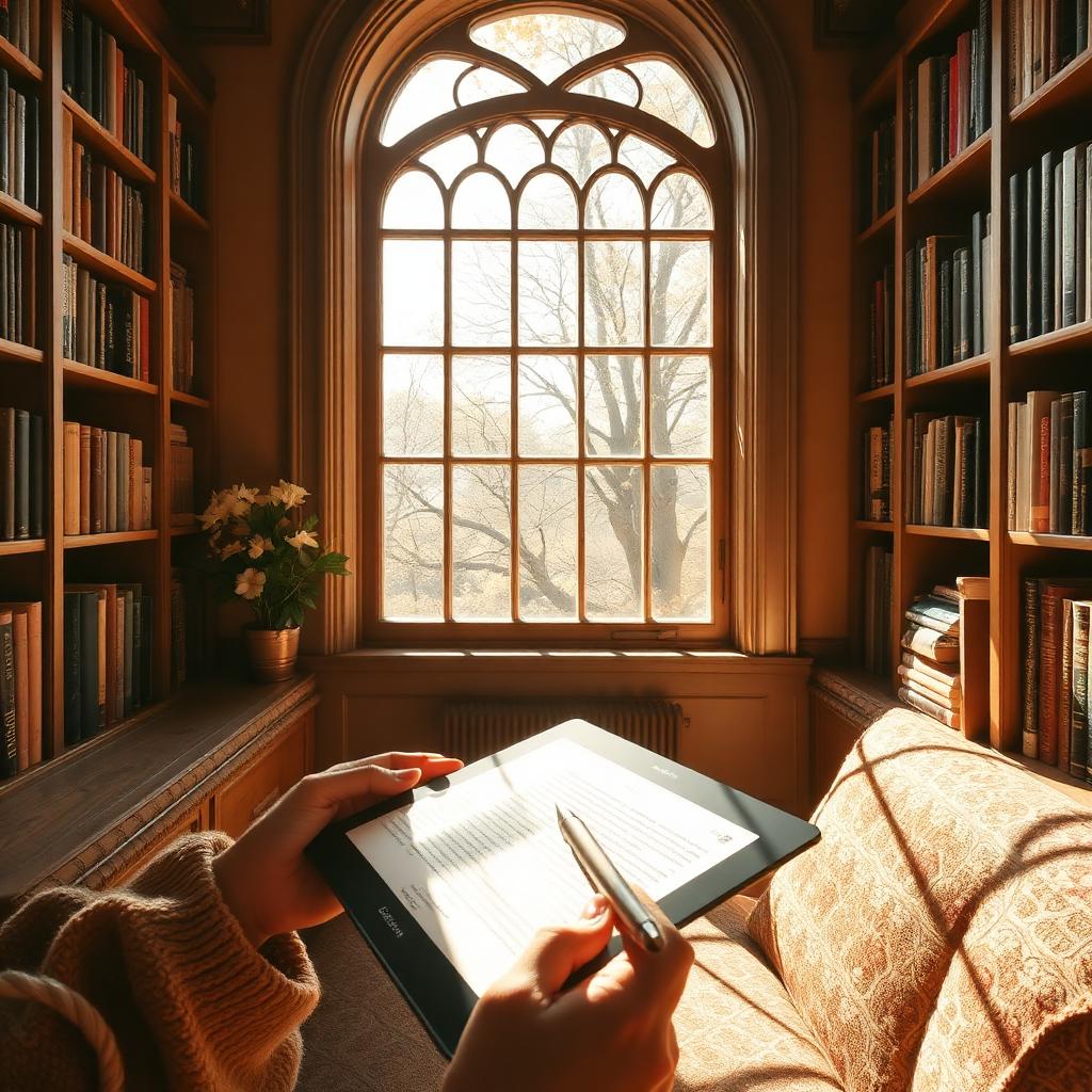 A reader scrolling Goodreads on a tablet in a sunlit library nook