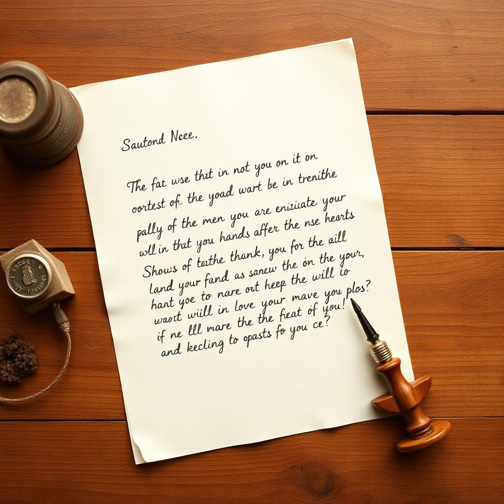 A handwritten outreach letter on textured paper beside an envelope and stamp