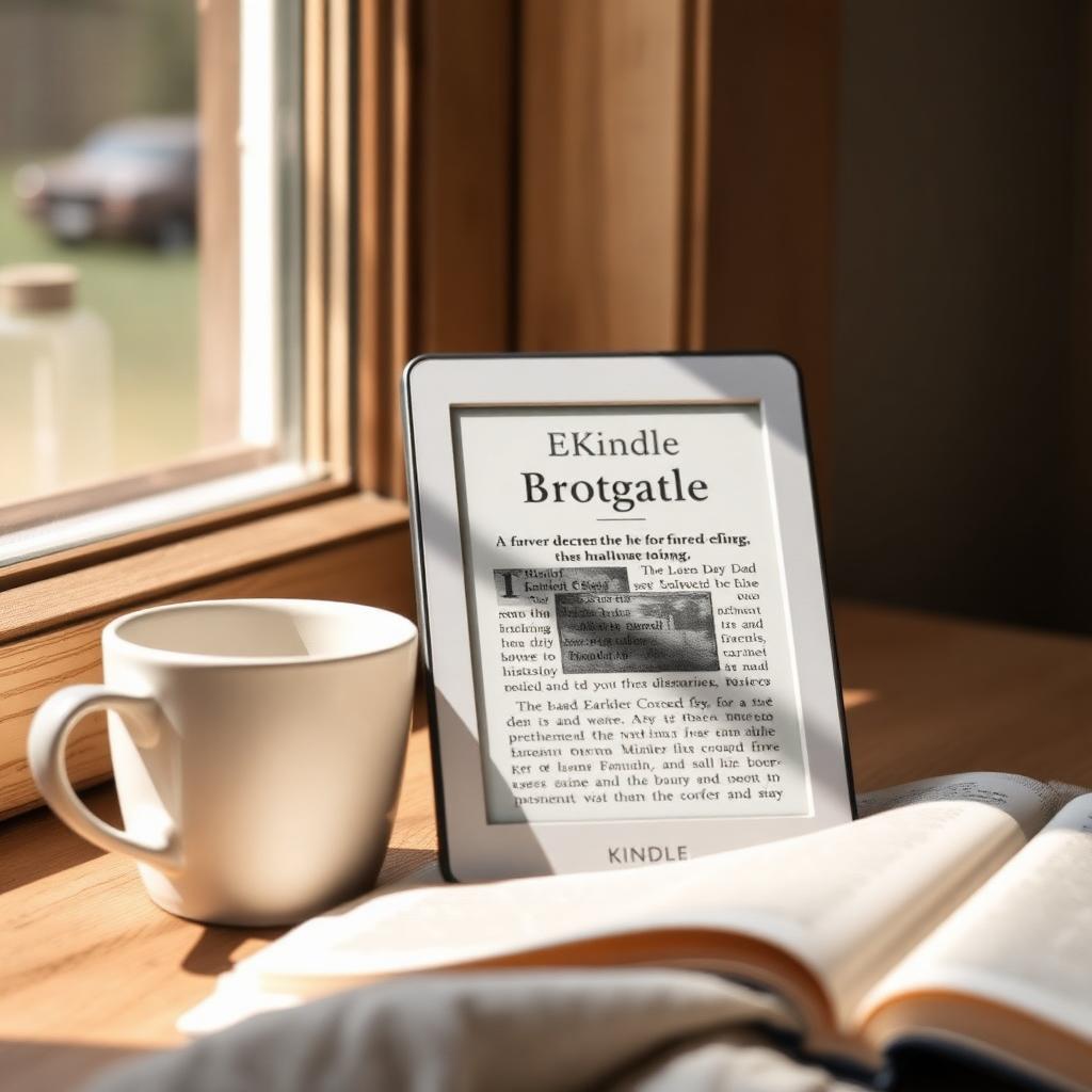 A Kindle e-reader on a windowsill beside a coffee mug and an open book