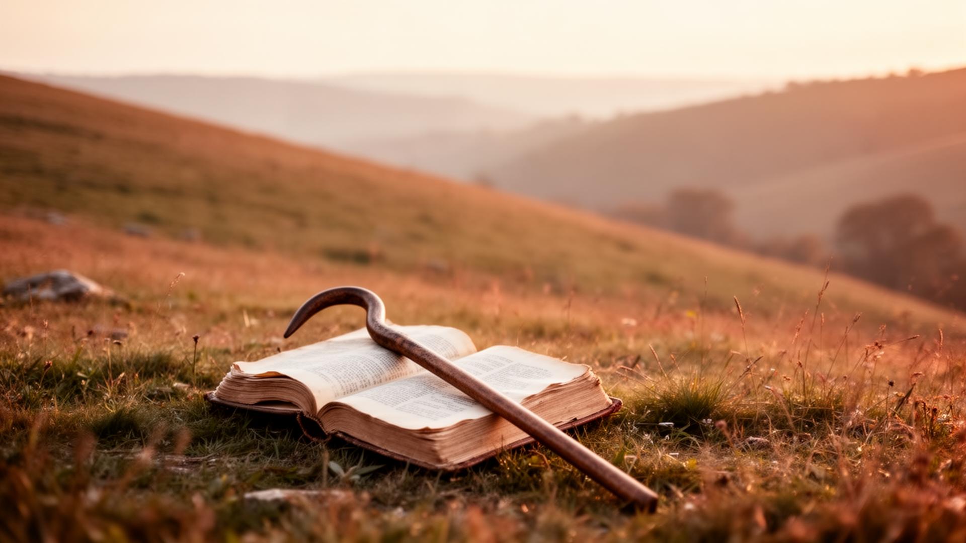 A shepherd's crook resting on an open book at golden hour
