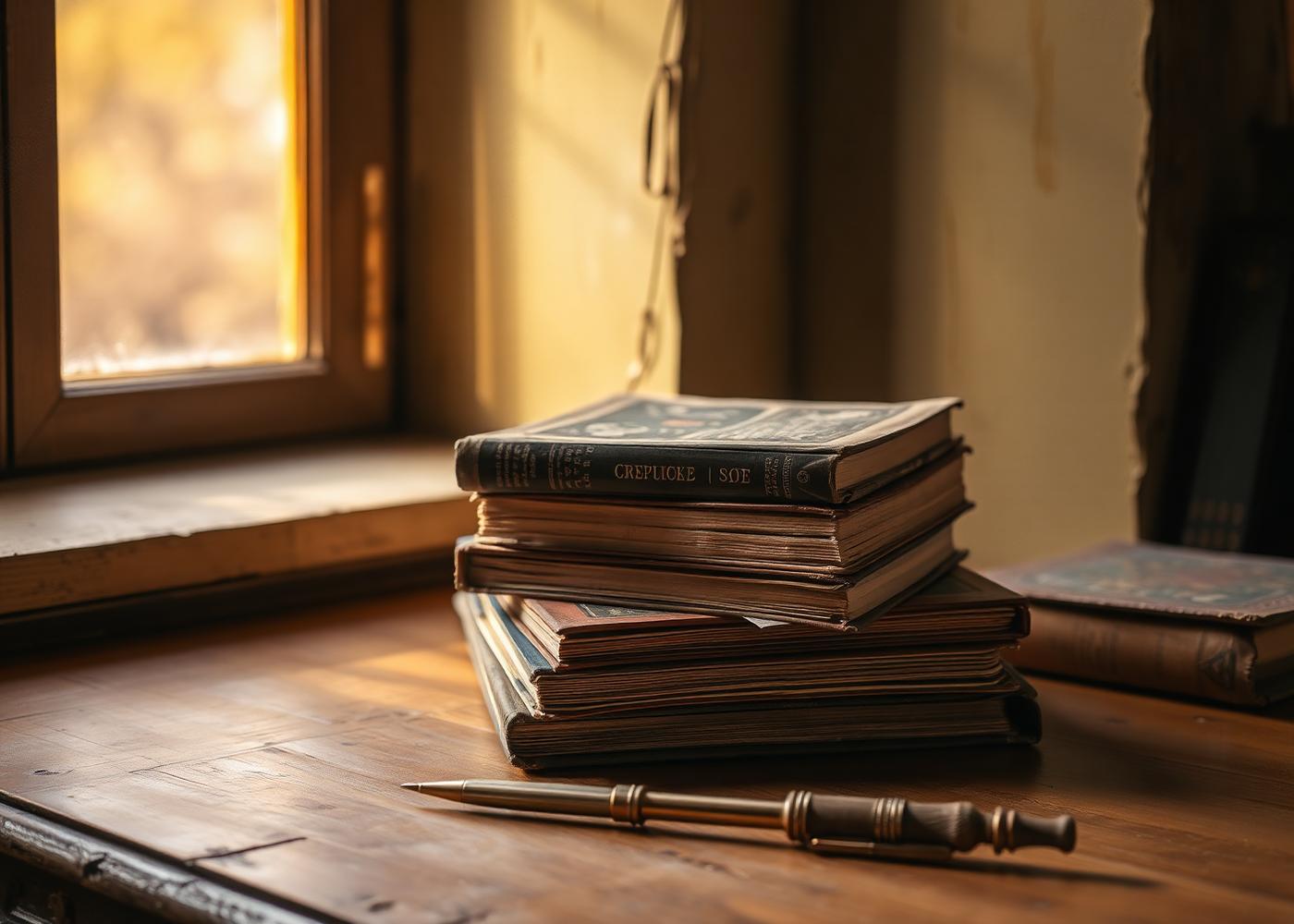 A stack of vintage books on a writing desk