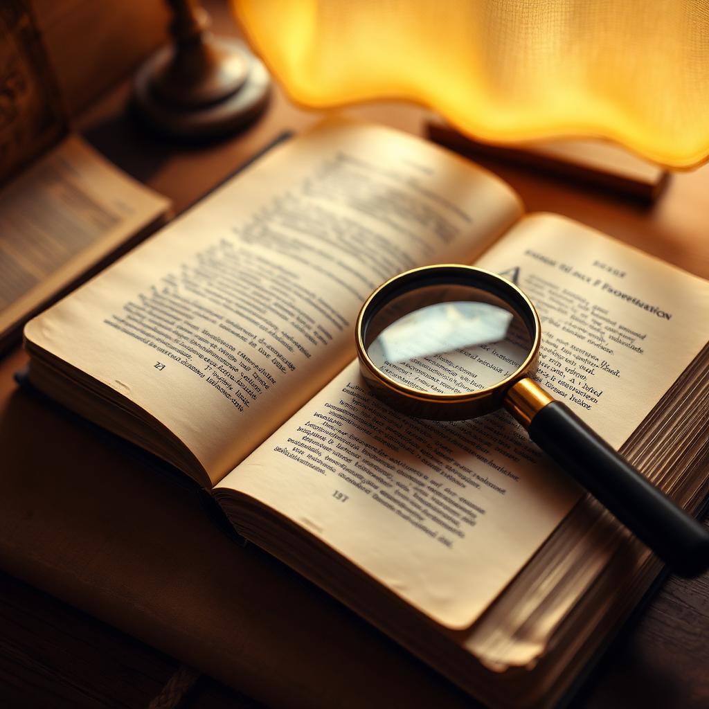 An open book with a magnifying glass over the page, lit by a warm desk lamp