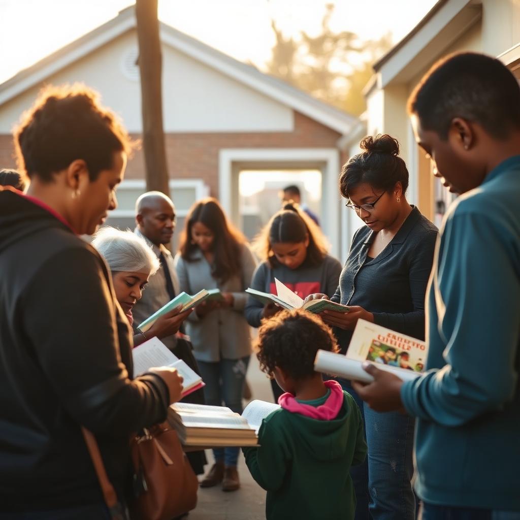 A community gathering at a library with parents, educators, and children browsing books