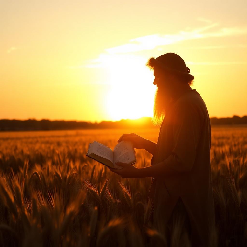 A silhouetted figure in a wheat field at sunset offering an open book