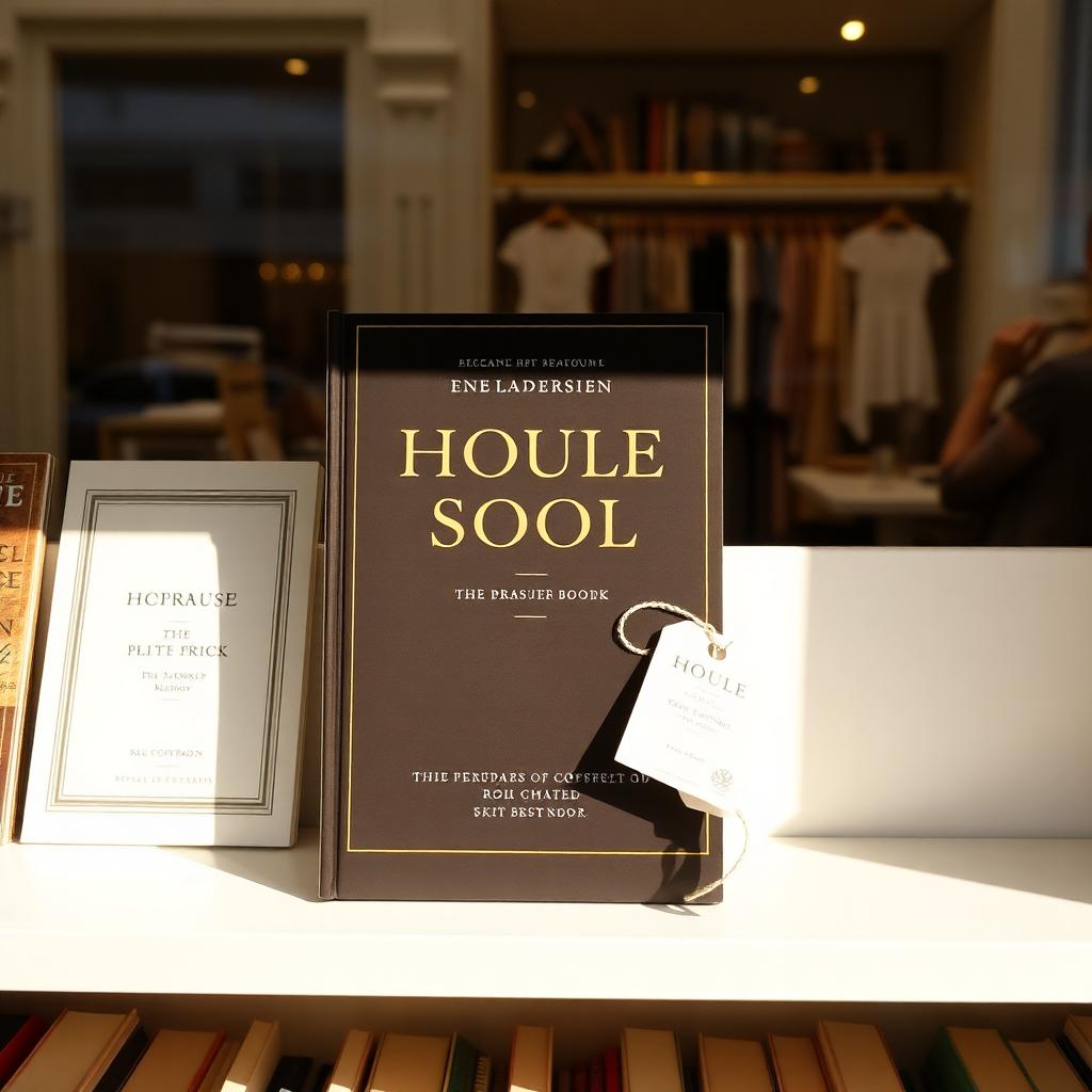 A boutique shop window with a featured book on display and a small gift tag