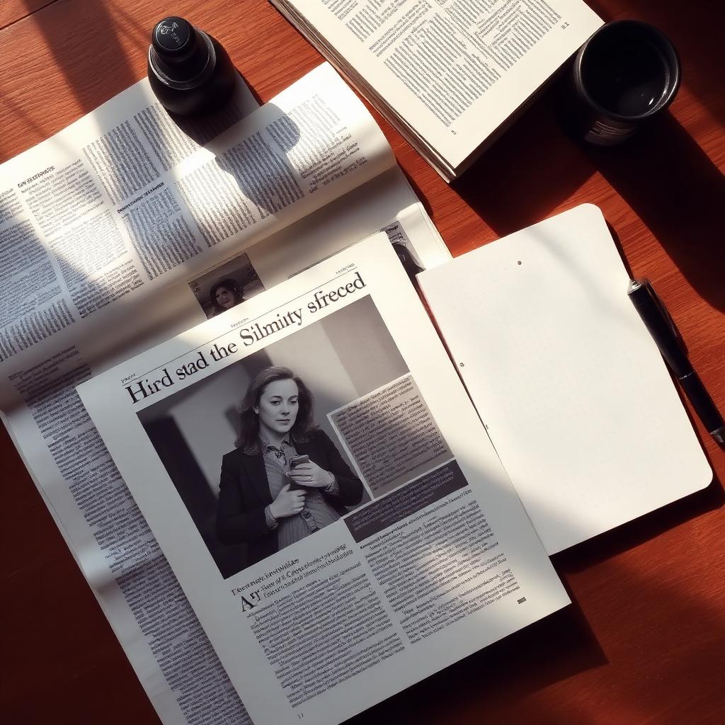 An open newspaper with a feature article beside a hardcover book and a notebook in warm light