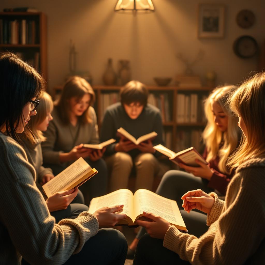 A small group of readers gathered with books open in a cozy library lit by warm lamps