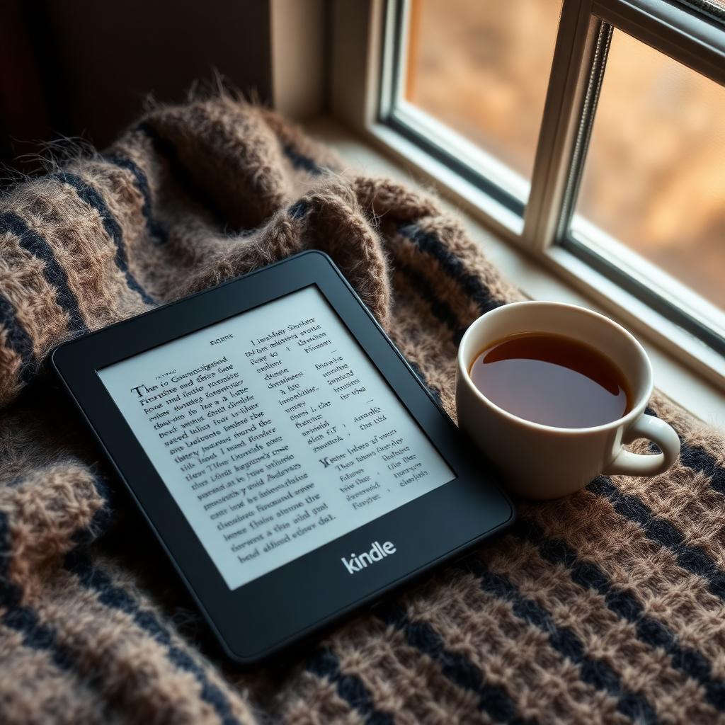 A Kindle e-reader resting on a wool blanket beside a cup of tea by a window