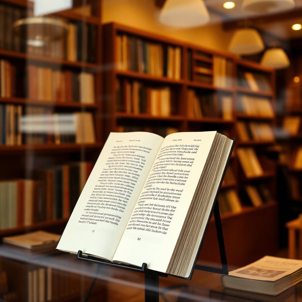 A hardcover book displayed on a stand inside a warmly lit bookstore