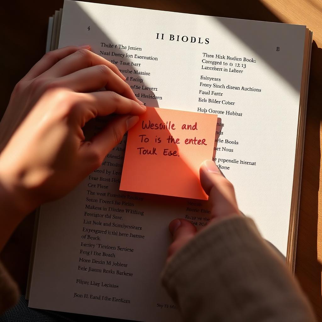 Hands placing a sticky note on a printed list of book titles in soft window light