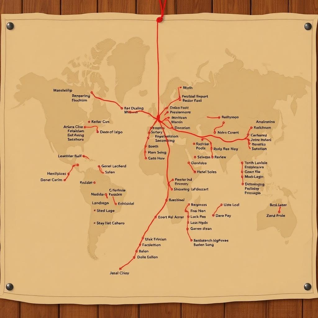 A research wall map with red string connecting book titles across a corkboard