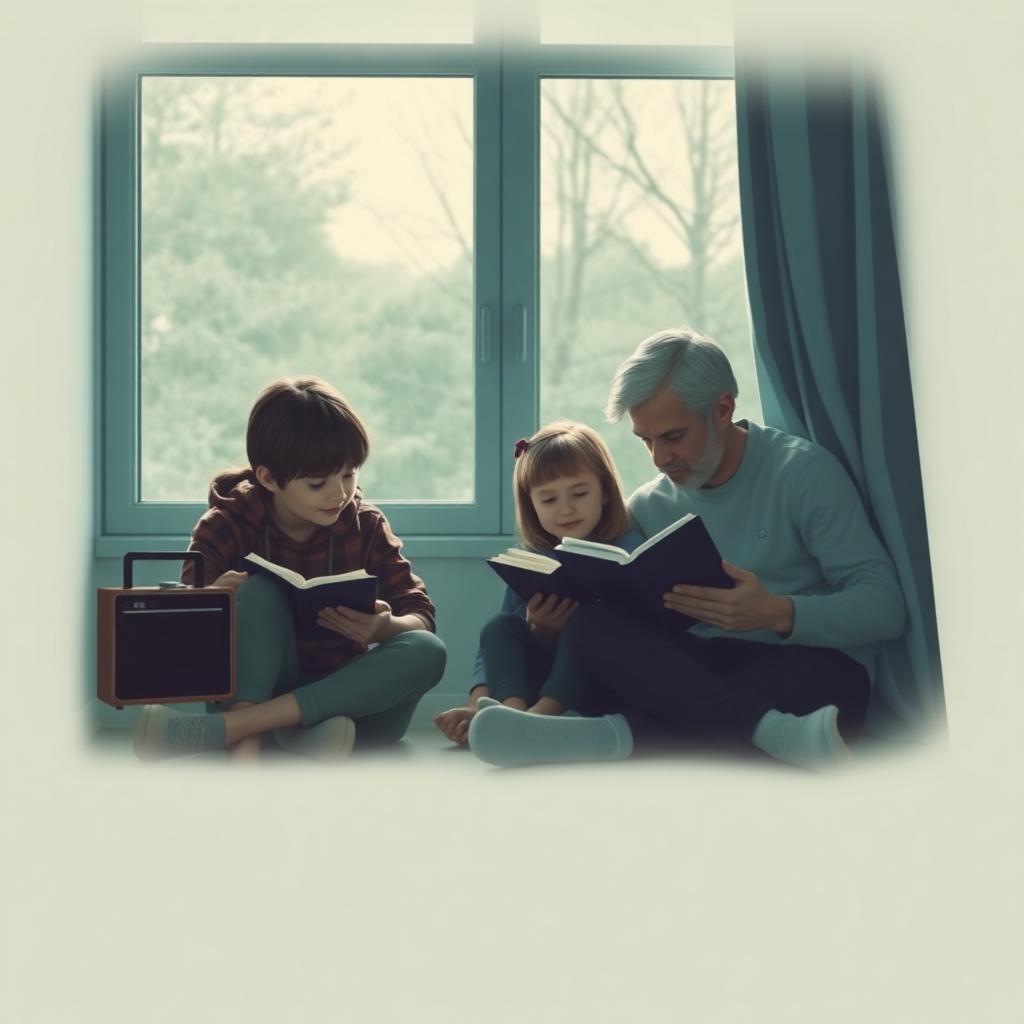 A family reading together by a sunlit window with a small radio nearby