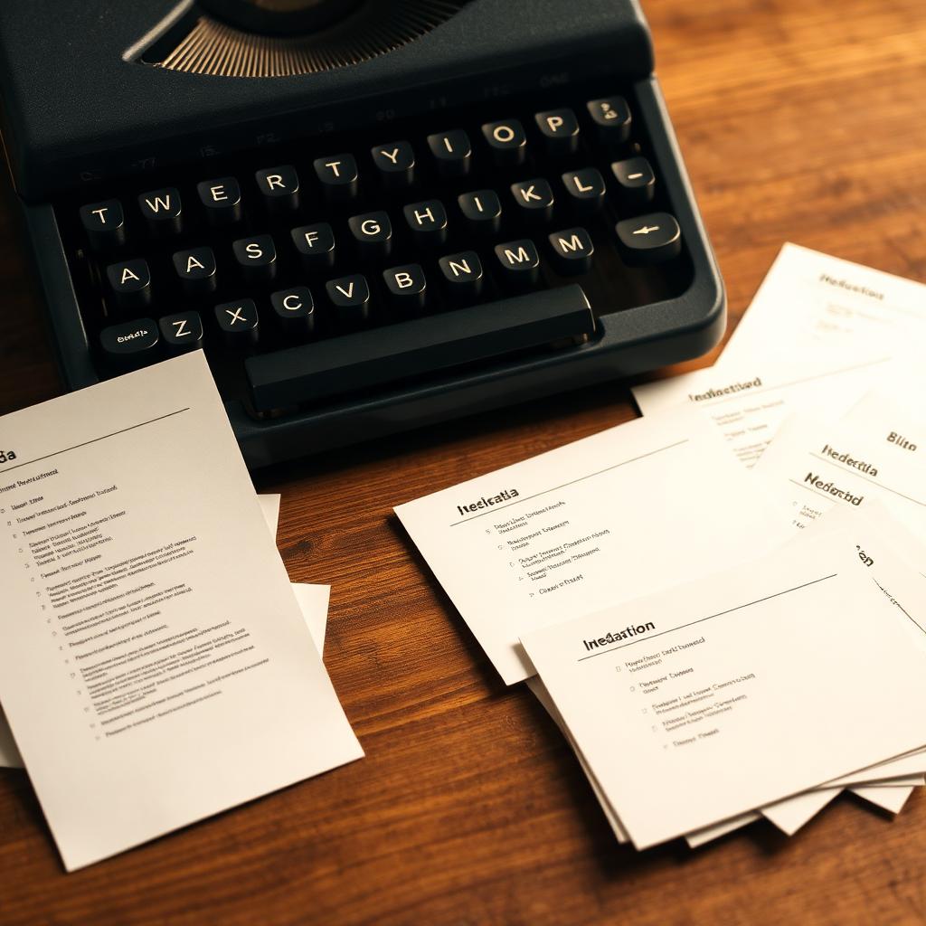 Index cards with metadata labels arranged beside a vintage typewriter