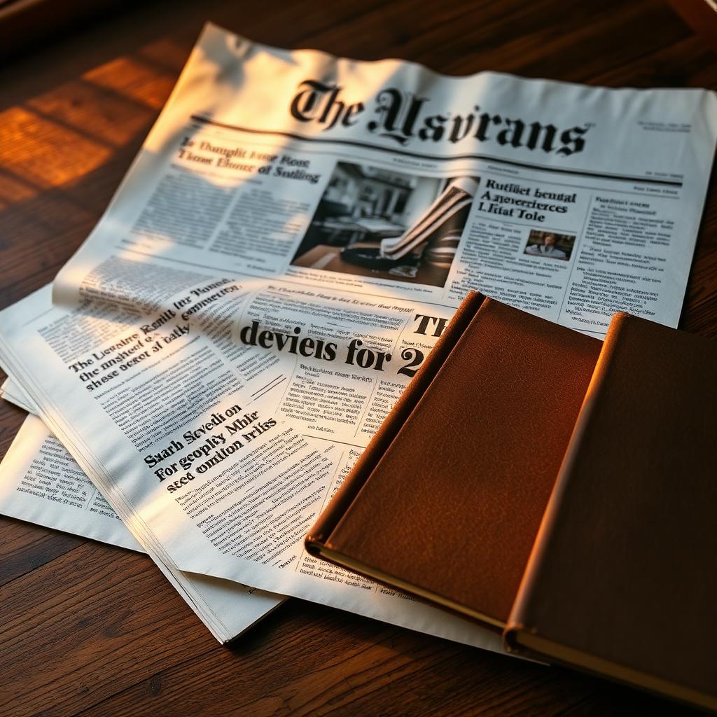 An open newspaper on a wooden desk featuring a book review beside a hardcover book in warm light