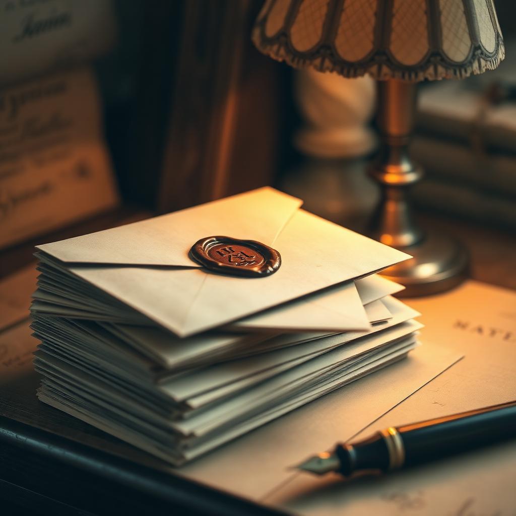 A stack of envelopes sealed with wax beside a brass desk lamp and fountain pen
