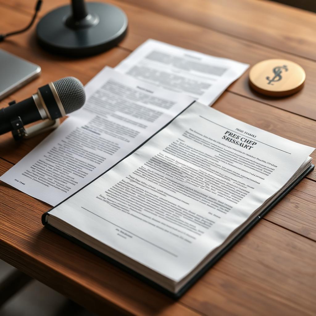 A press kit on a wooden desk with a vintage microphone and printed press release pages