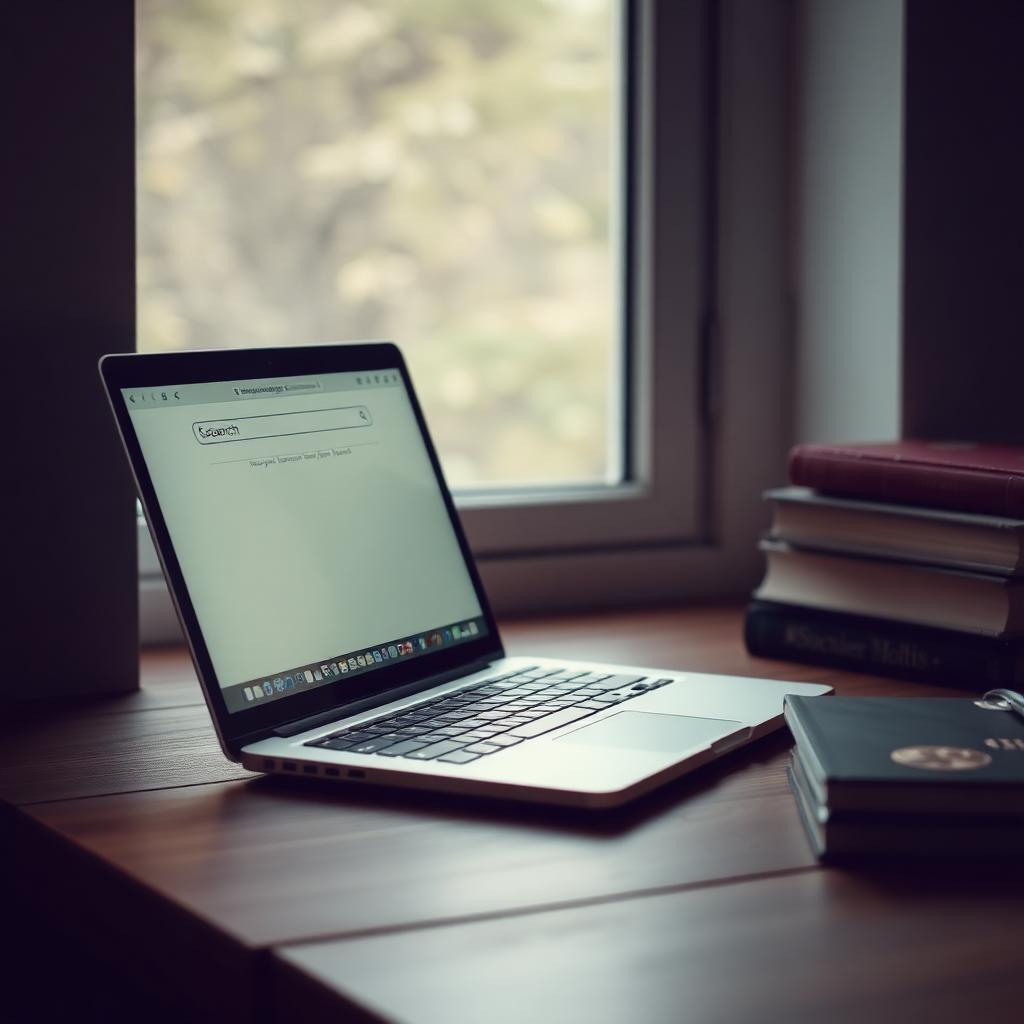 A laptop with a search bar open, beside a stack of books on a wooden desk