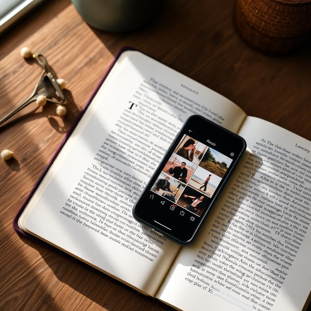 A phone resting on an open book showing a simple grid of book photos